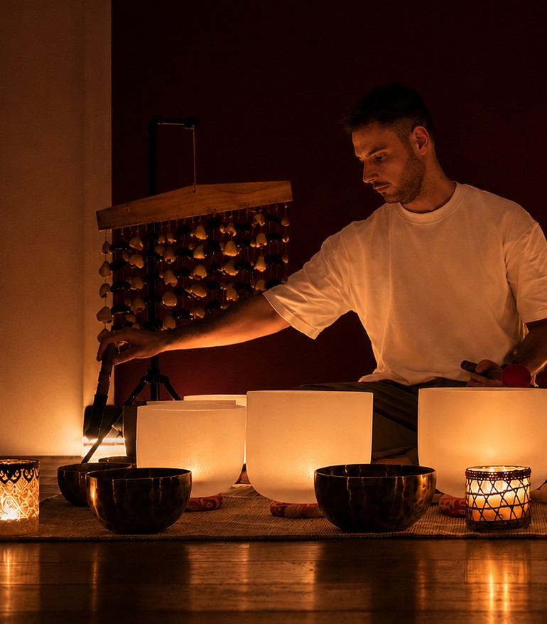 Vassilis, founder of Sacred Fusion, playing crystal singing bowls by candlelight